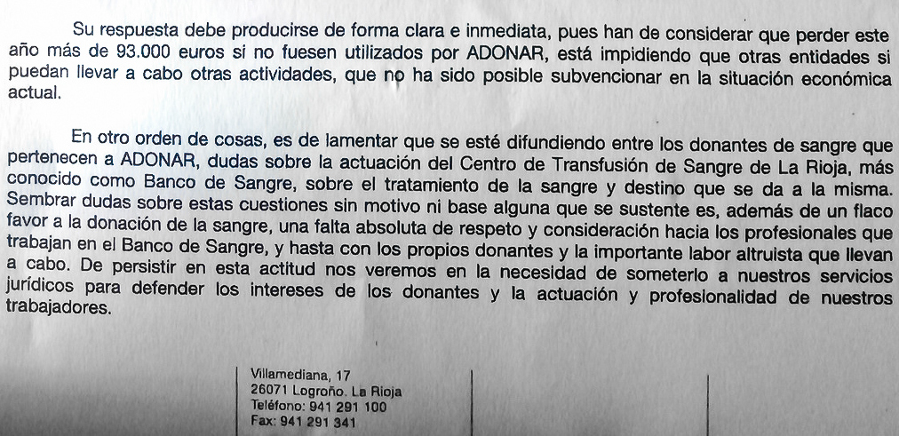 Carta enviada a los Donantes de Sangre de La Rioja